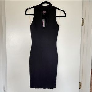 Hot Miami Styles Mock Neck Cut-Out Midi Dress - Black Ribbed - Medium